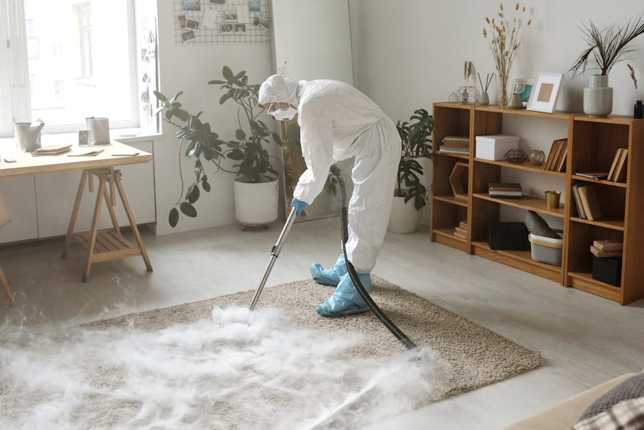 A professional cleaner from Cleaners N7 is performing surface cleaning on a light-colored, plush rug in a bright, modern living room. The cleaner is wearing a full white protective suit, blue disposable shoe covers, and gloves while using a portable steam or extraction machine to deep clean the carpet. The room features natural light coming through a large window on the left, illuminating the neutral-toned walls and wooden furniture, including a bookshelf filled with books and decorative objects. There are potted plants near the window, and a small wooden table with cups and decorative items. The scene depicts a hygienic and well-maintained environment focusing on carpet sanitisation and deep cleaning as part of routine domestic cleaning, emphasizing the importance of professional stain removal and surface hygiene in residential spaces. This type of cleaning service aligns with the information provided on the Tufnell Park Station carpet cleaning and stain removal guide from Cleaners N7.